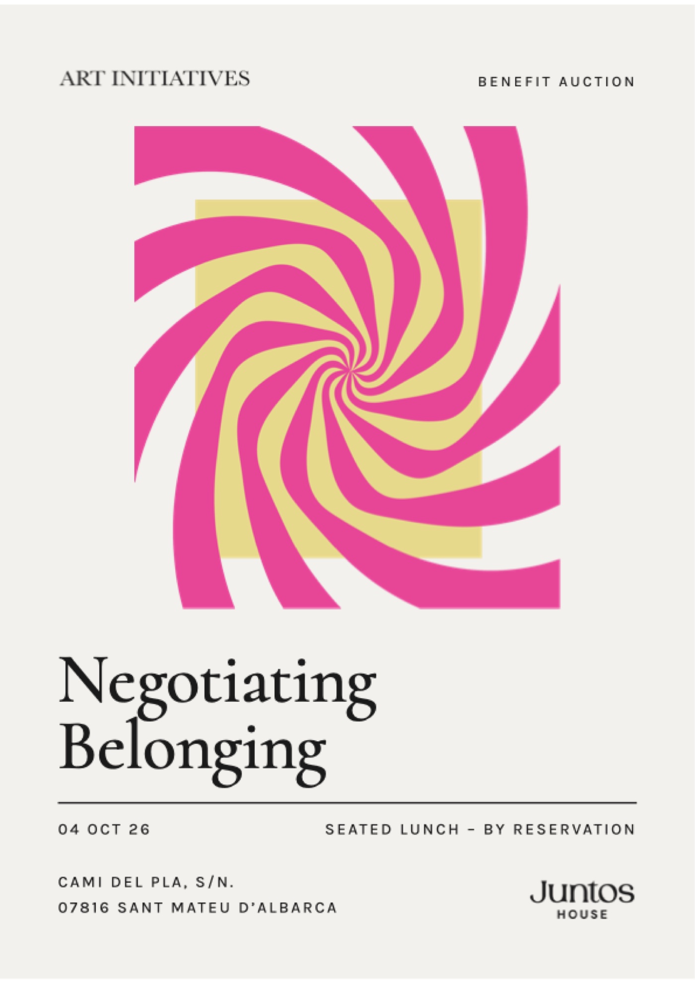 Negotiating Belonging, invitation to the 2026 benefit auction and seated lunch at Juntos House, 4 October 2026.